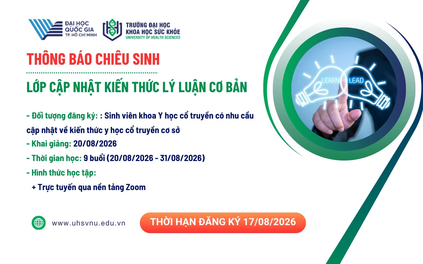 Thông báo chiêu sinh lớp "Cập nhật Kiến thức Lý luận cơ bản" Ngày xuất bản: 10/8/2026